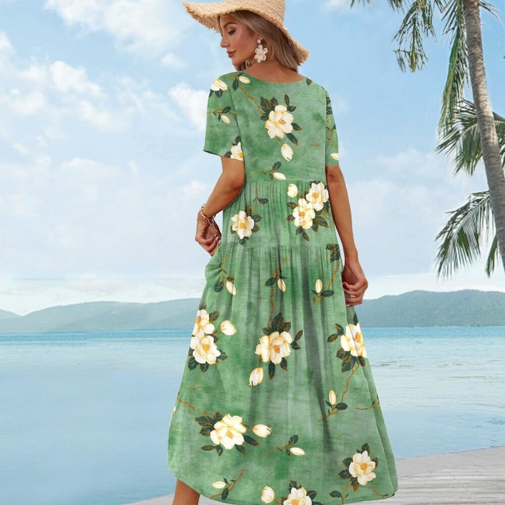 Women Casual Loose Bohemian Floral Dress with Pockets Short Sleeve Long Maxi Sum - Picture 4 of 5